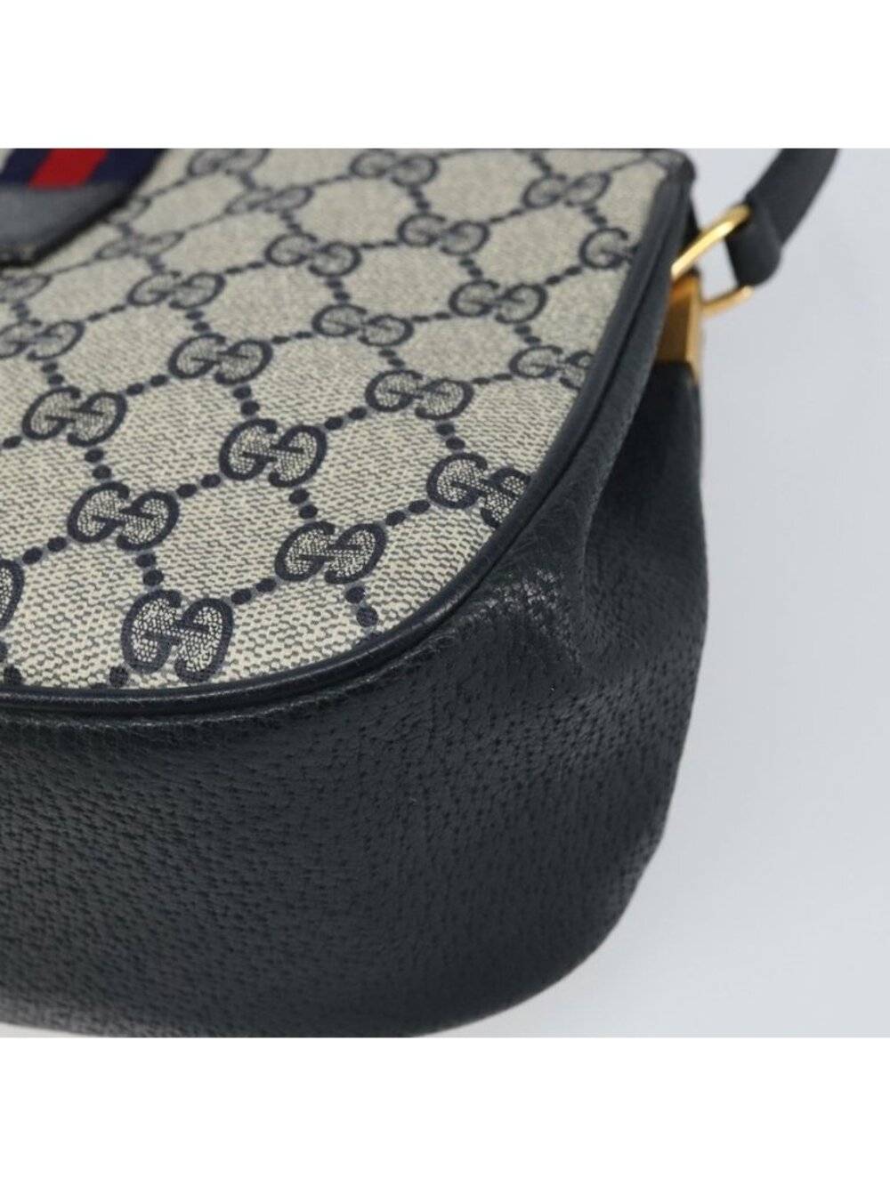 Authentic GUCCI GG Supreme Sherry Line Shoulder Bag PVC Navy Gold - Picture 7 of 16